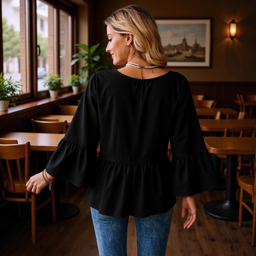 Damen Tunika‑Bluse mit V‑Ausschnitt, geraffter Empire‑Naht und Trompetenärmeln Shop Nory
