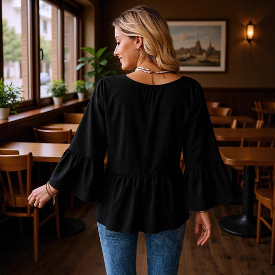 Damen Tunika‑Bluse mit V‑Ausschnitt, geraffter Empire‑Naht und Trompetenärmeln Shop Nory