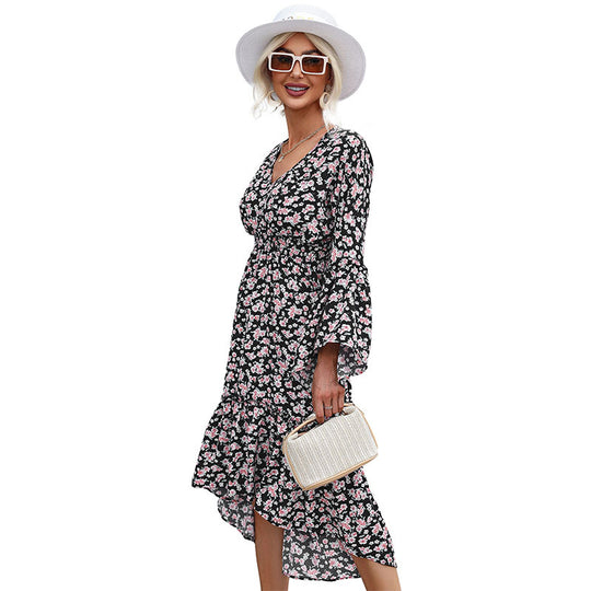 Damen Midikleid im Chiffon‑Look mit floralem Print, V‑Ausschnitt, Glockenärmeln und Stufenvolant Shop Nory