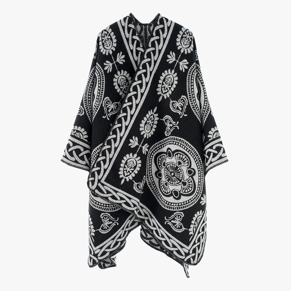 Damen Oversize-Cape mit ornamentalem Jacquard und asymmetrischem Zipfelsaum Shop Nory