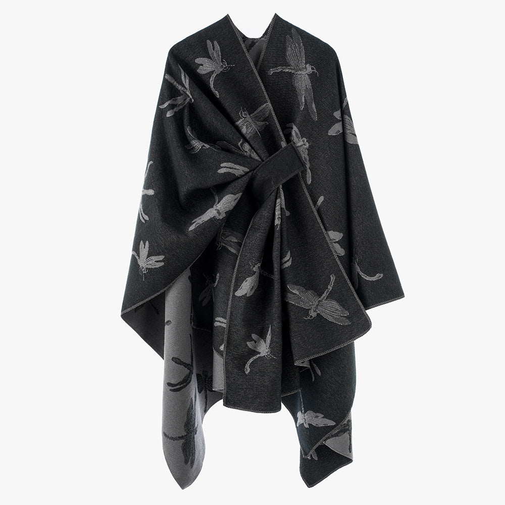 Damen Kaschmirähnlicher Jacquard‑Cape mit Libellen‑Motiv und Bindegürtel Shop Nory