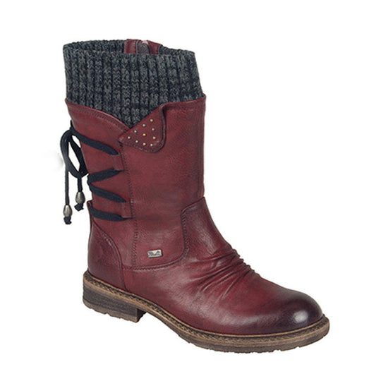 Damen Winterliche Kurzschaft-Stiefelette mit Strickmanschette, Zierkordel und Veloursoptik Shop Nory