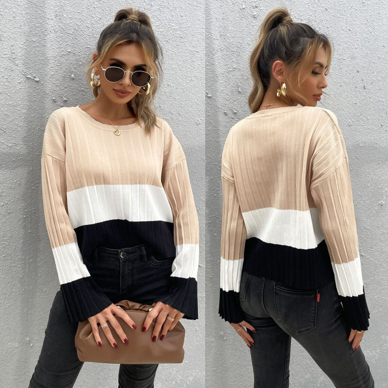 Damen Gerippter Colorblock-Pullover mit weitem Ärmelbündchen Shop Nory