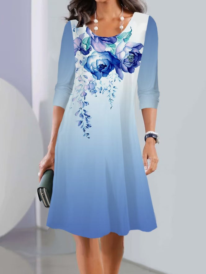 Damen A-Linien Kleid mit floralem Druck, U-Ausschnitt, Dreiviertelärmel und sanftem Ombre Shop Nory