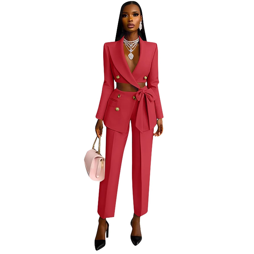 Damen Taillierter Crop-Blazer mit Zierschleife, Doppelreiher und Hochtaillierter Hose Shop Nory