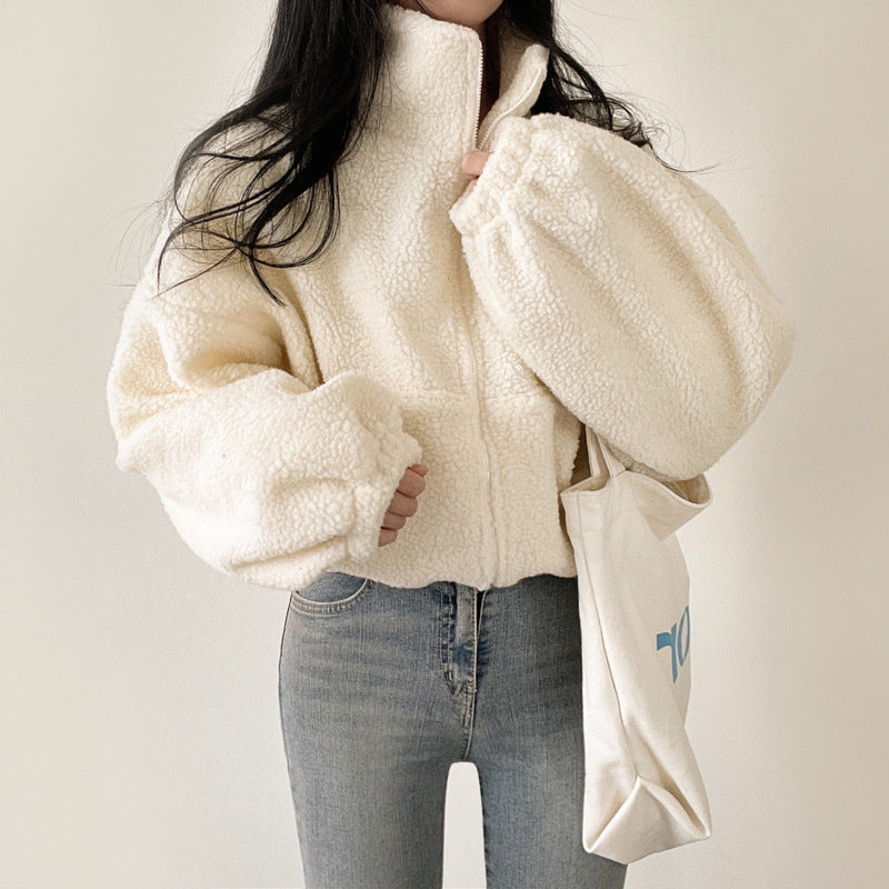 Damen kuschelige Fleece-Jacke mit hohem Kragen und Reißverschluss