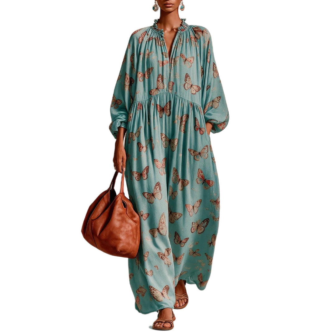 Damen Maxikleid im Boho-Caftan-Stil mit Schmetterlingsprint und geraffter Empire‑Taillen Shop Nory