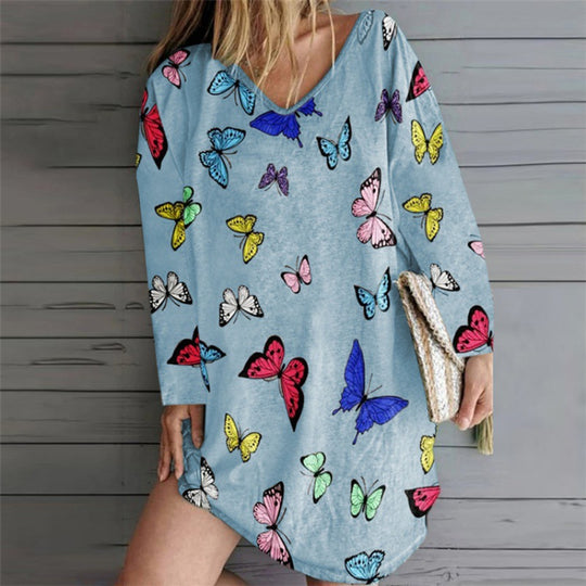 Damen Oversize Tunika-Kleid mit V-Ausschnitt und Schmetterlingsprint Shop Nory