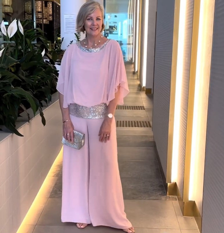 Damen Elegantes Abendzweiteiler mit Chiffon-Cape und Palazzo‑Hose Shop Nory