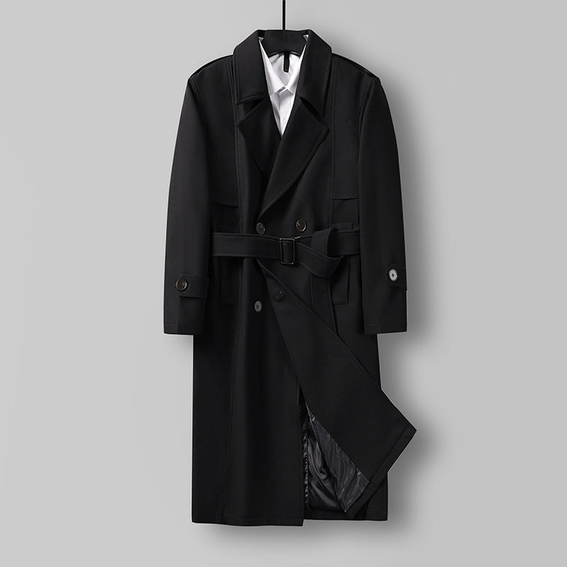 Herren Midilanger Doppelreihiger Trenchcoat mit Taillengürtel, abgefalcetem Revers und kariertem Innenfutter Shop Nory