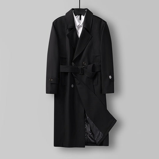 Herren Midilanger Doppelreihiger Trenchcoat mit Taillengürtel, abgefalcetem Revers und kariertem Innenfutter Shop Nory