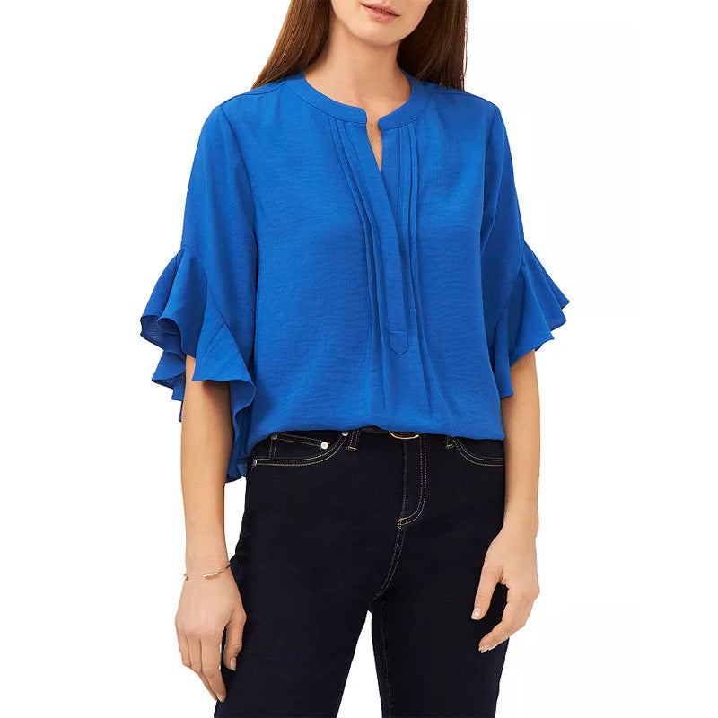 Damen Rüschen-Bluse mit V-Schlitz, lockerem Schnitt und Trompetenärmeln Shop Nory