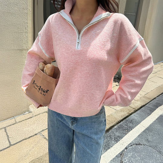 Damen nan oversized Strickpullover mit halbem Reißverschluss, Kontrastpaspeln und überschnittener Schulter Shop Nory
