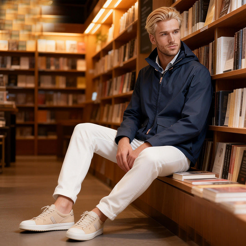 Herren Leichte Kapuzenjacke im urbanen Minimalstil mit Zwei-Wege-Reißverschluss und Pattentaschen Shop Nory