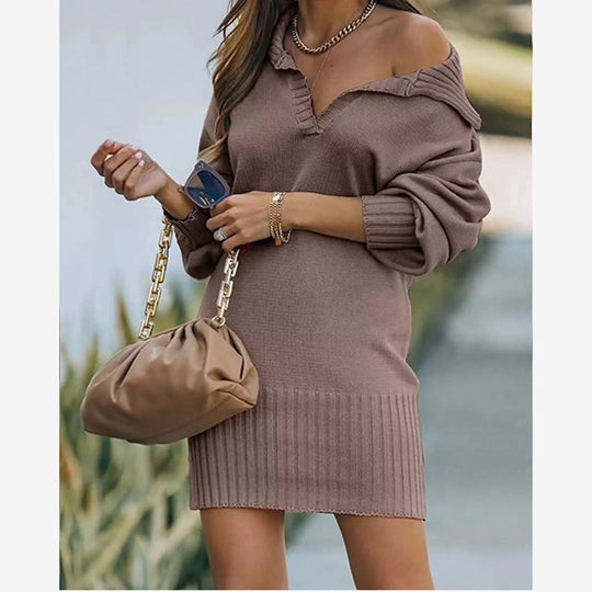 Damen nan schulterfreies Strickminikleid mit weitem V-Ausschnitt und Rippbund Shop Nory