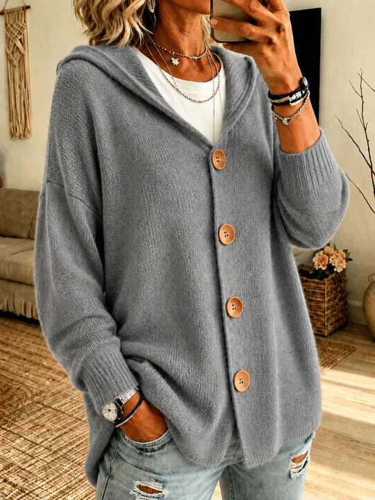 Damen Kapuzen-Cardigan Oversize mit Holzknöpfen und Rippbündchen Shop Nory