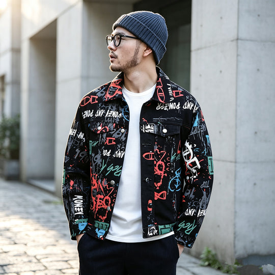 Herren Stilvolle Graffiti-Jeansjacke Shop Nory