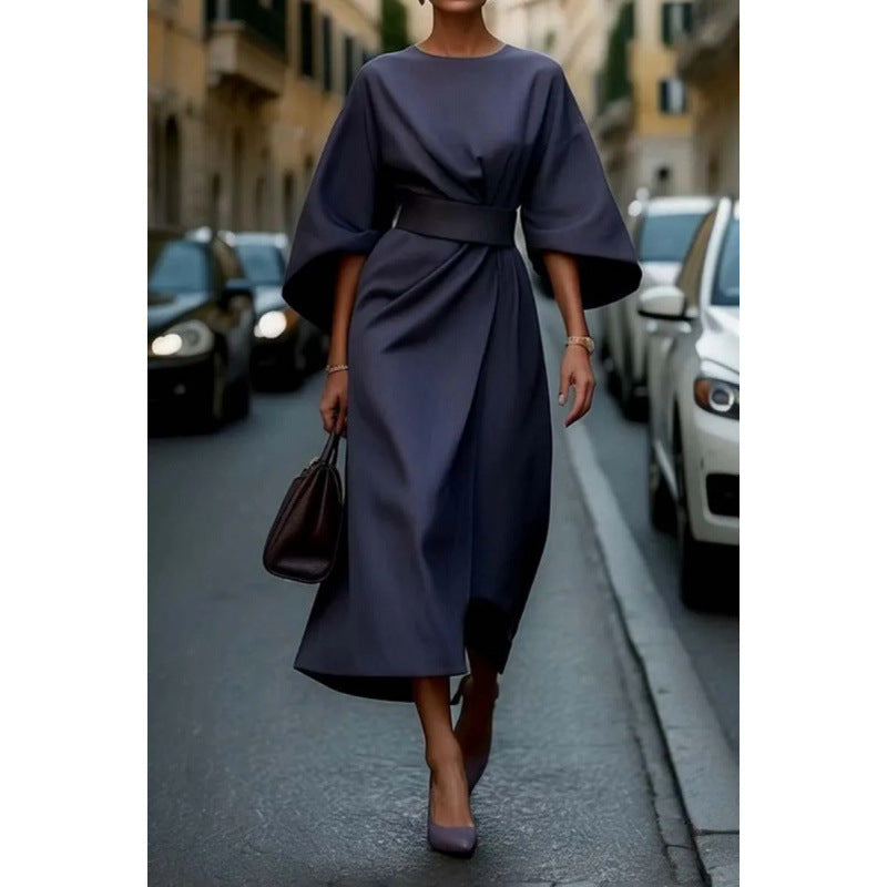 Damen Elegantes Midikleid mit weitem Kimonoärmel und tailliertem Wickelbund Shop Nory