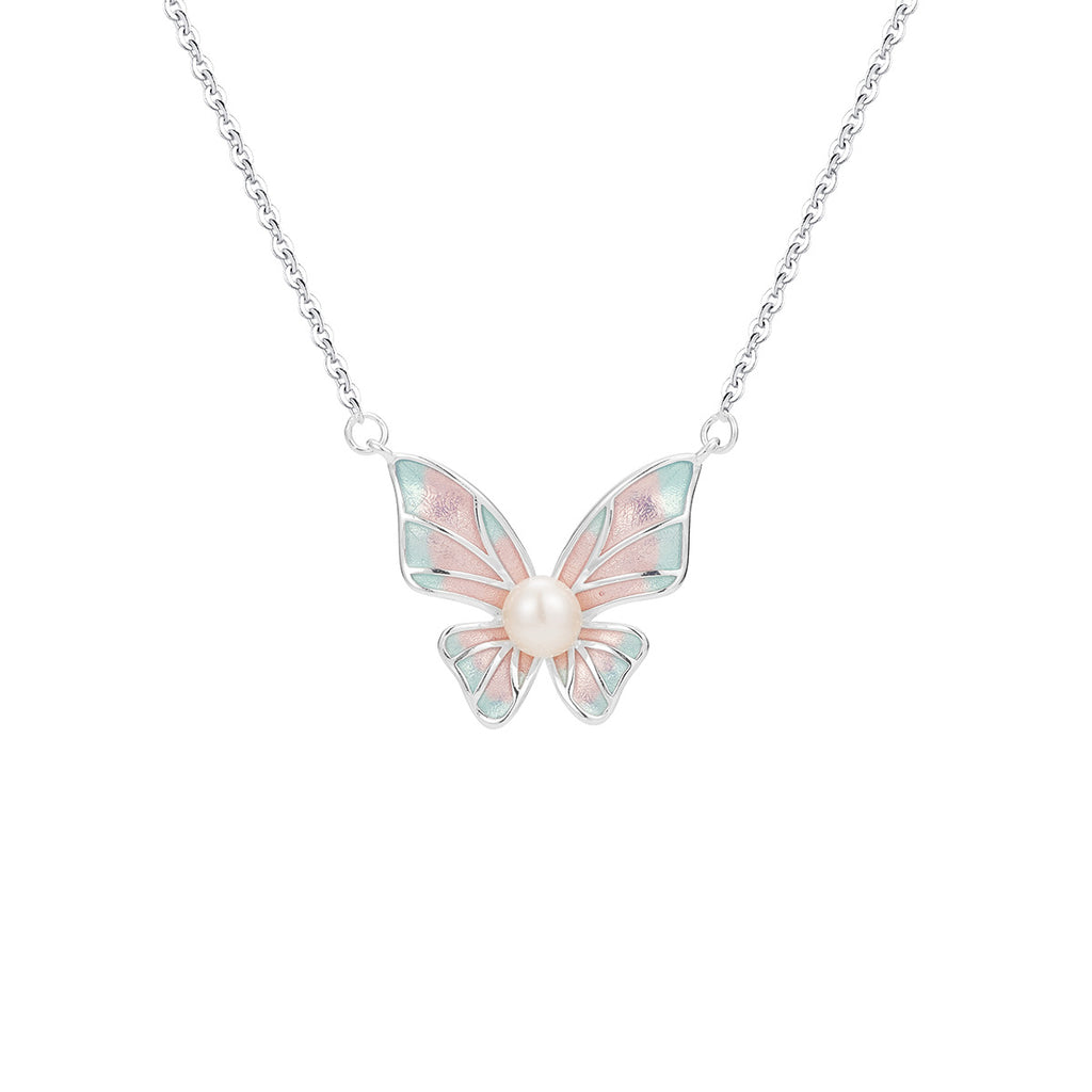 Damen filigrane Halskette mit kunstvollem Schmetterlingsanhänger und Perlen-Detail Shop Nory