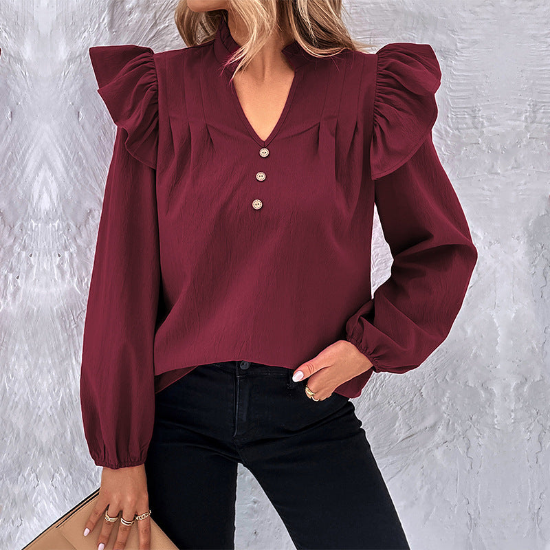 Damen Romantische Rüschenbluse mit Stehkragen, V‑Ausschnitt und Ballonärmeln Shop Nory