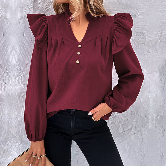 Damen Romantische Rüschenbluse mit Stehkragen, V‑Ausschnitt und Ballonärmeln Shop Nory