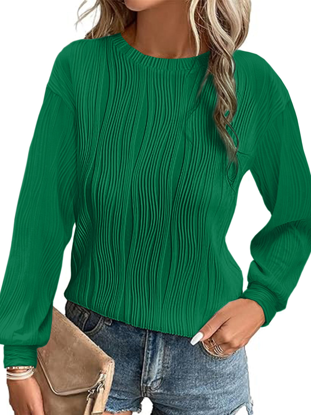 Damen Fein plissiertes Langarmshirt mit Rundhalsausschnitt und strukturierter Wellenoptik Shop Nory