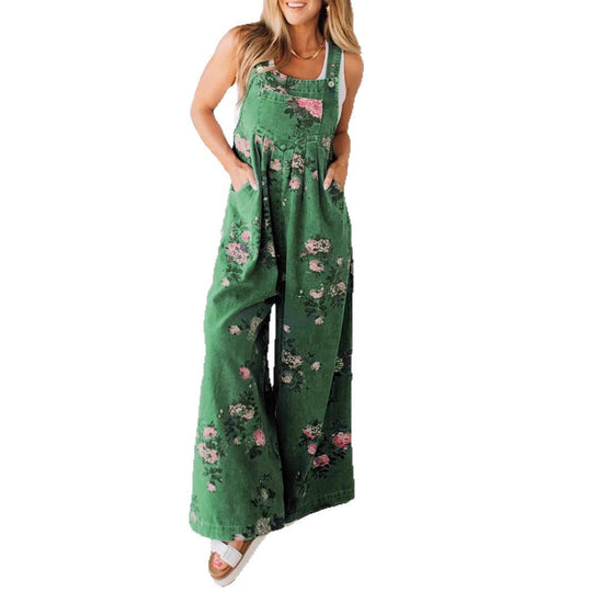 Damen Lässiger Denim-Hosenanzug mit floralem Print und weiten Beinen