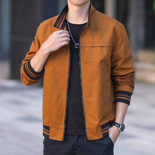 Herren moderner Canvas-Bomberjacke im Worker‑Stil mit gestreiften Rippbündchen und Reißverschluss Shop Nory