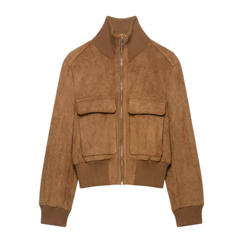 Damen Kurze Wildlederoptik-Bomberjacke mit Stehkragen, Klappentaschen und Rippbündchen Shop Nory