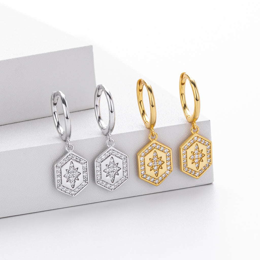 Damen Ohrhänger mit hexagonalem Design und funkelnden Zirkonia Shop Nory