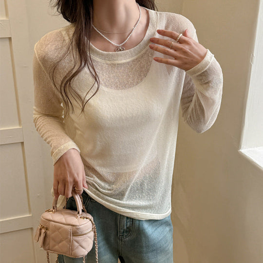 Damen Longsleeve Shirt Aus Leicht Transparentem Material mit Elegantem Fall