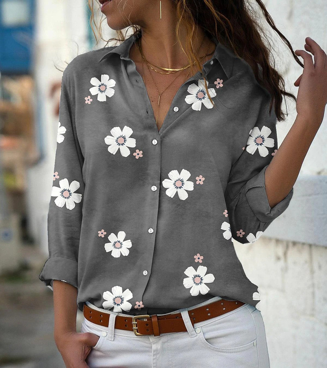 Damen Bluse mit Blumenmuster, Hemdkragen und lockerer Passform Shop Nory