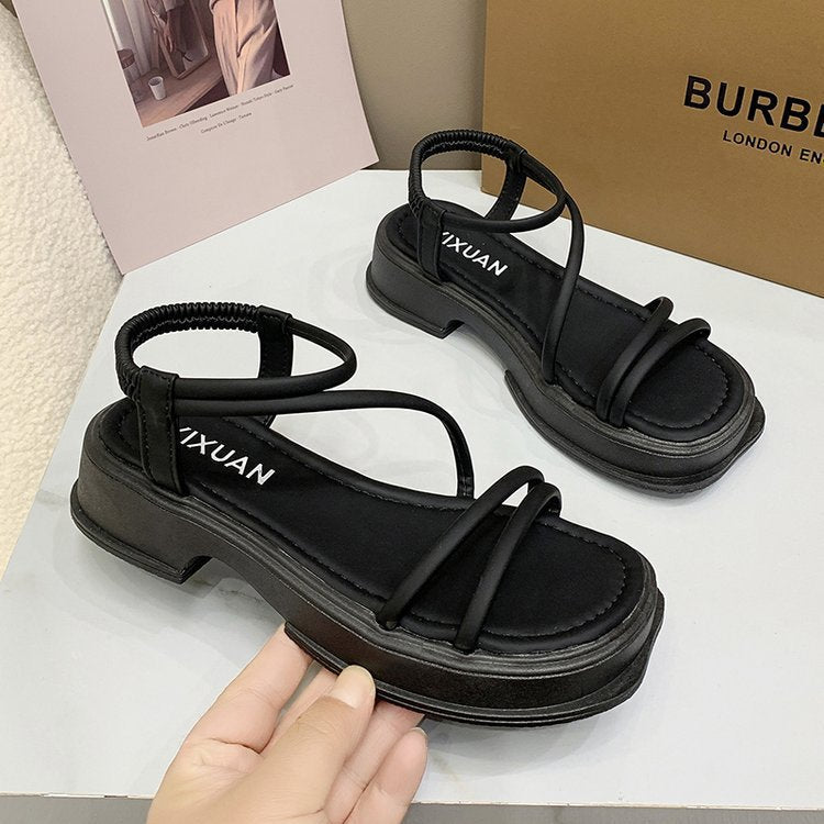 Damen modische Flachsandalen mit elastischen Riemen und rutschfester Sohle