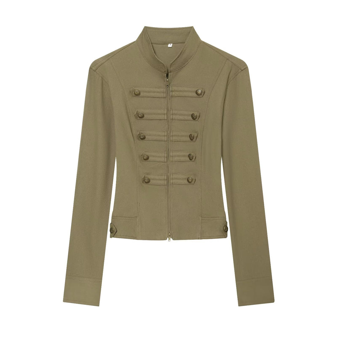 Damen Taillierte Militärinspirierte Kurzjacke mit Stehkragen und Zierknopfleisten Shop Nory
