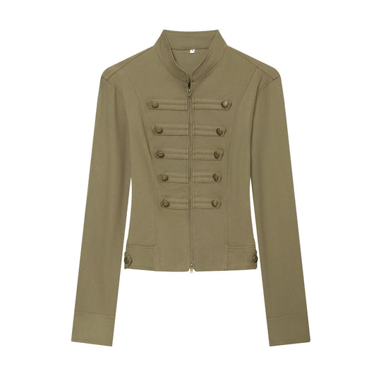 Damen Taillierte Militärinspirierte Kurzjacke mit Stehkragen und Zierknopfleisten Shop Nory