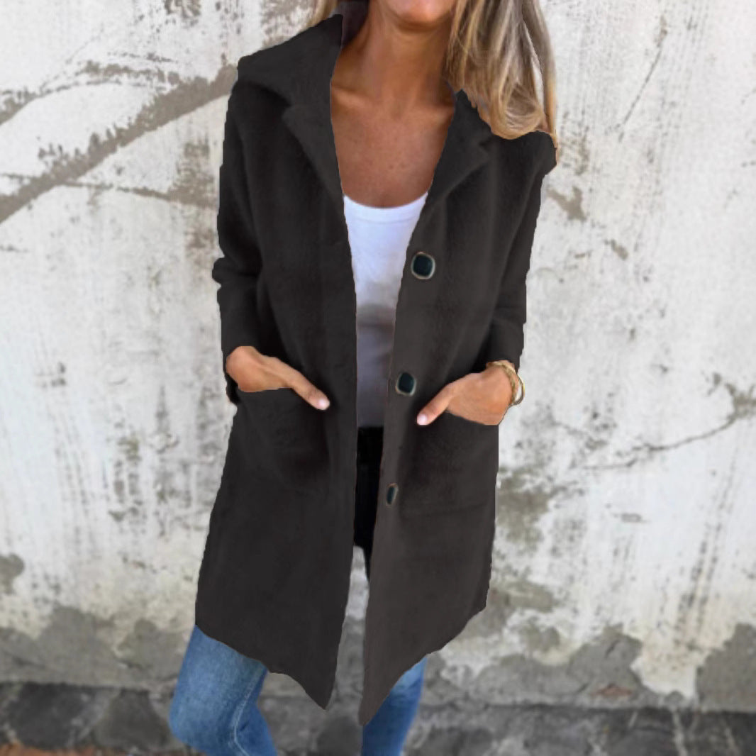 Damen Teddy-Mantel mit Oversize-Kragen, dekorativen Knöpfen und Eingrifftaschen Shop Nory