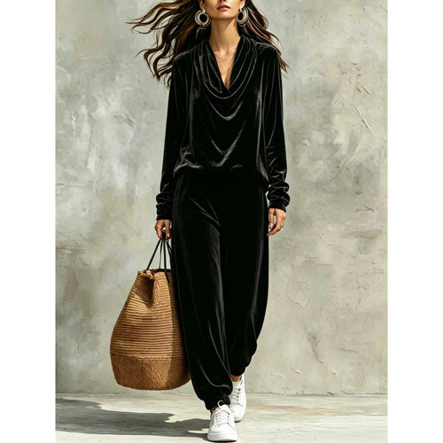 Damen Samt-Lounge-Set mit Wasserfallkragen und Jogger-Hose Shop Nory