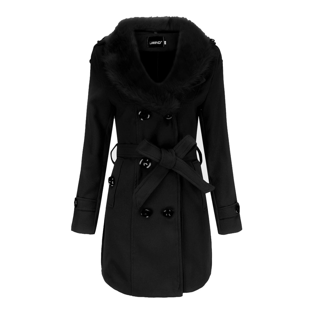 Damen Midi-doppelreihiger Mantel mit vollem Kunstfell‑Schalkragen und Wickelgürtel Shop Nory