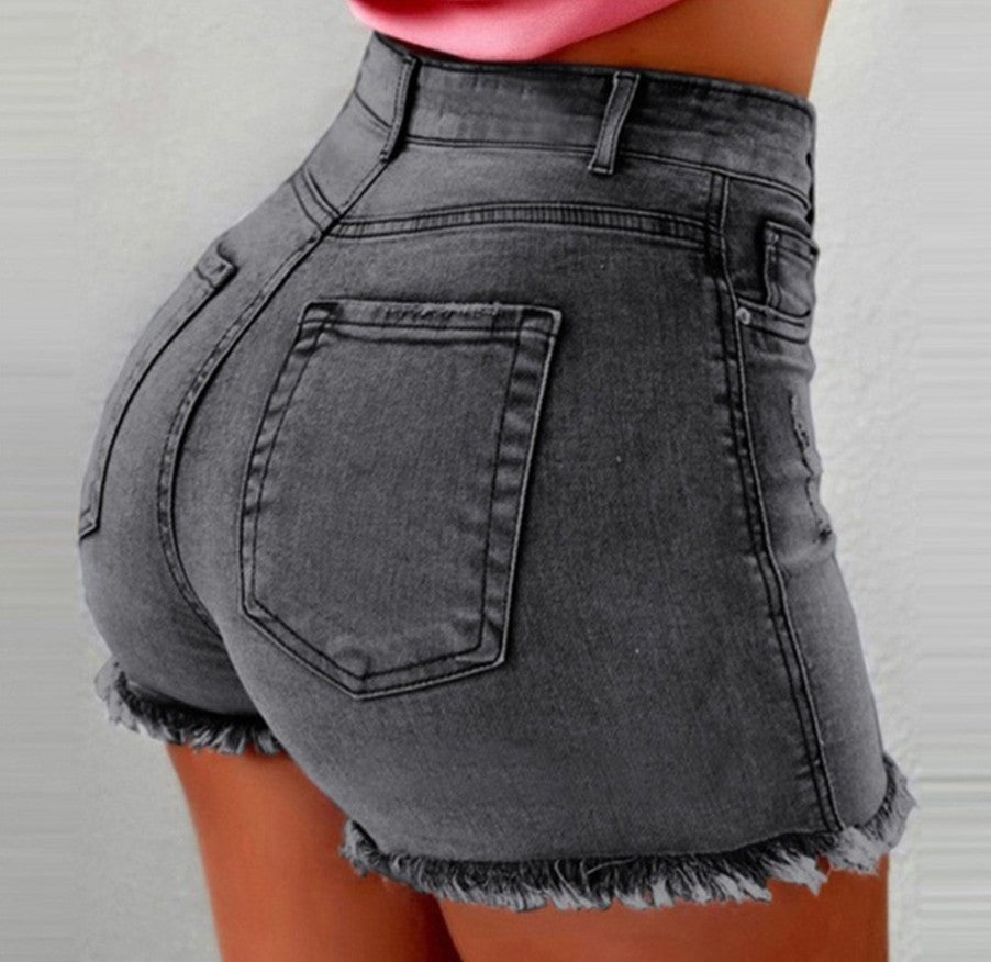 Damen hoch taillierte Denim-Shorts mit fransigem Saum