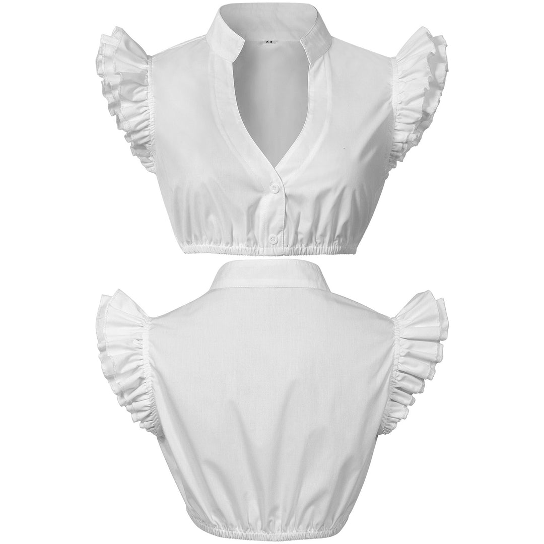 Damen nan kurz geschnittene Bluse mit Stehkragen V‑Ausschnitt und Volantärmeln Shop Nory