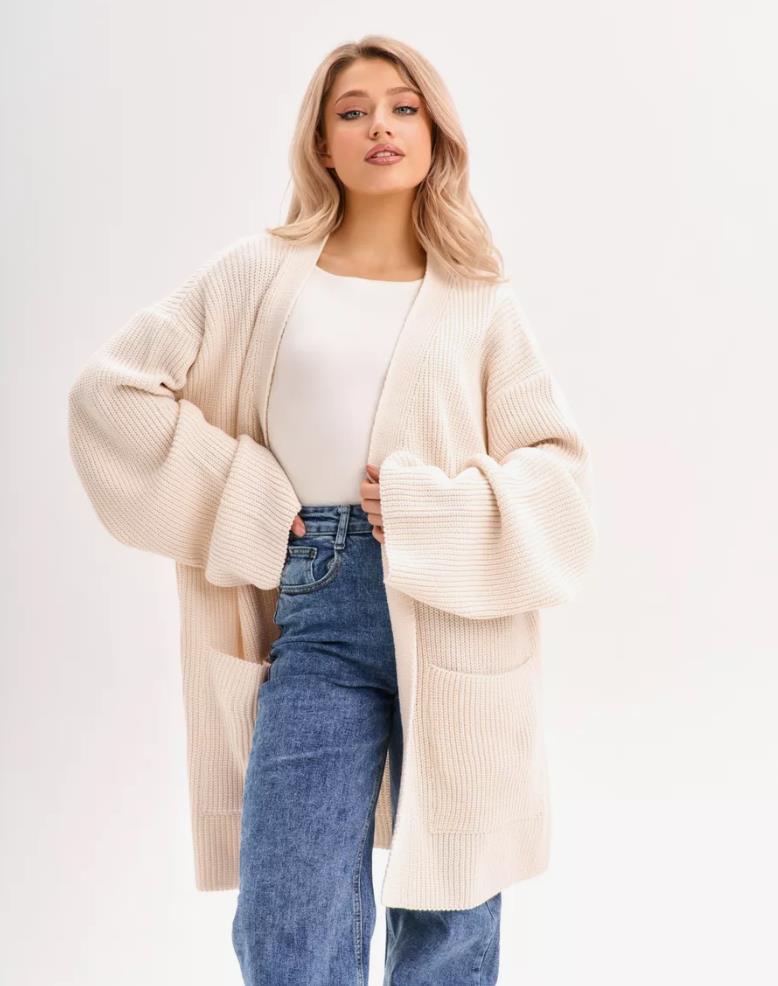 Damen kuscheliger langer Strickcardigan mit weiten Ärmeln und praktischen Taschen Shopnory