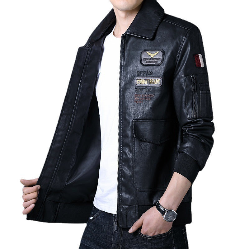 Herren Piloten‑Bomberjacke aus Kunstleder mit gestickten Patches und Rippbündchen Shop Nory