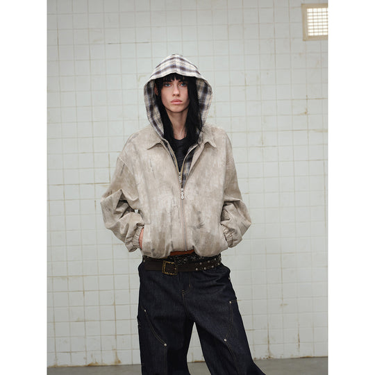 Unisex Kurz geschnittene Boxy‑Jacke aus Wildlederoptik mit kariert gefütterter Kapuze Shop Nory