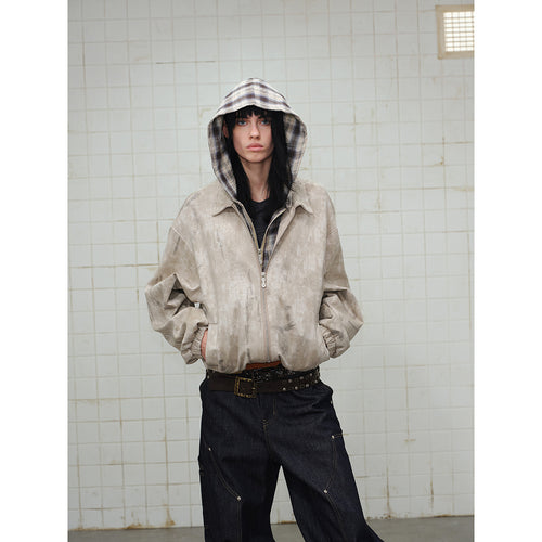 Unisex Kurz geschnittene Boxy‑Jacke aus Wildlederoptik mit kariert gefütterter Kapuze Shop Nory