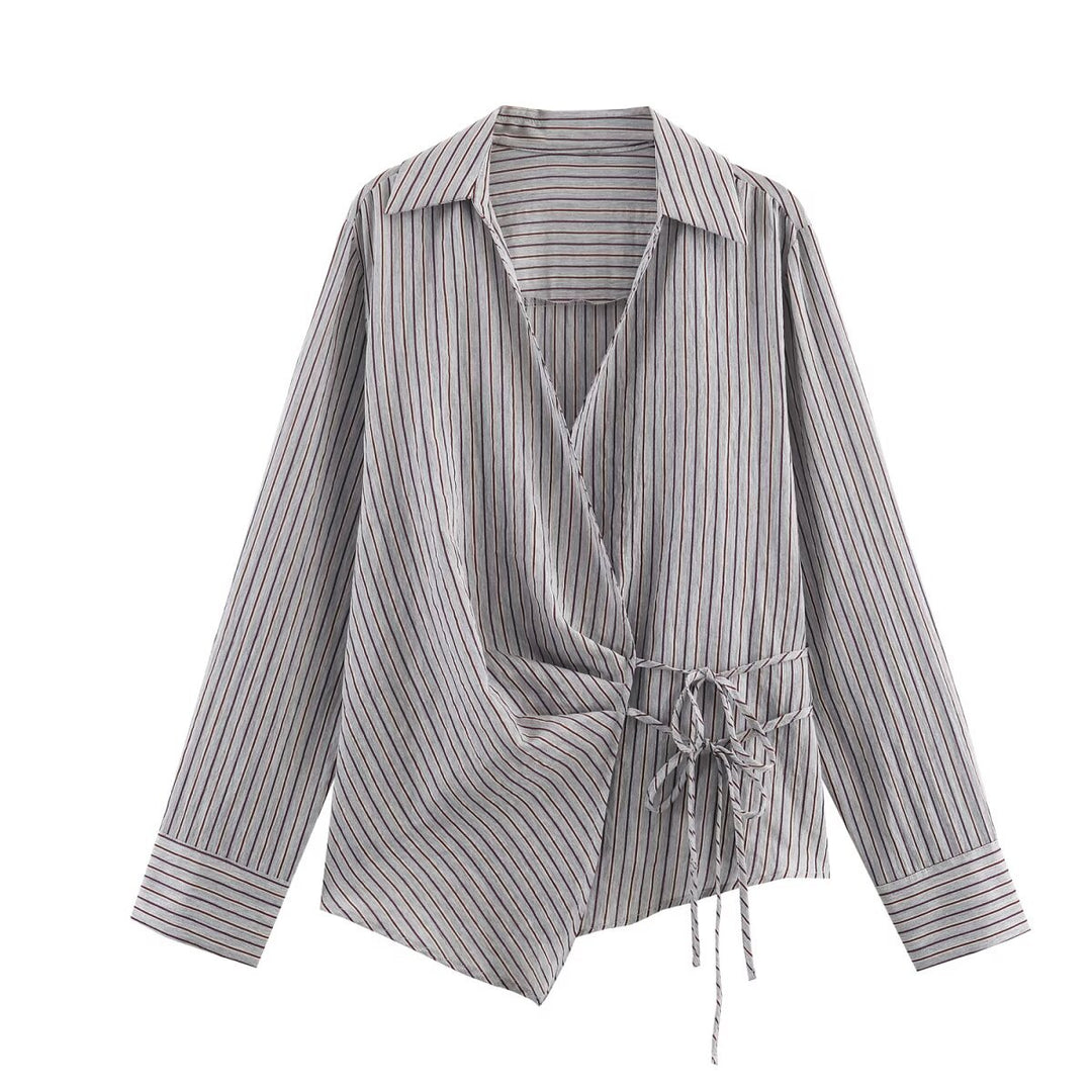 Damen Asymmetrische Wickelbluse mit Hemdkragen, seitlicher Schnürung und langen Manschettenärmeln Shop Nory