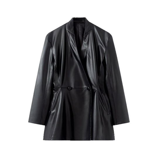 Damen Langer taillierter Blazer‑Mantel aus veganer Lederoptik mit fallendem Schalkragen und Doppelknopf-Leiste Shop Nory