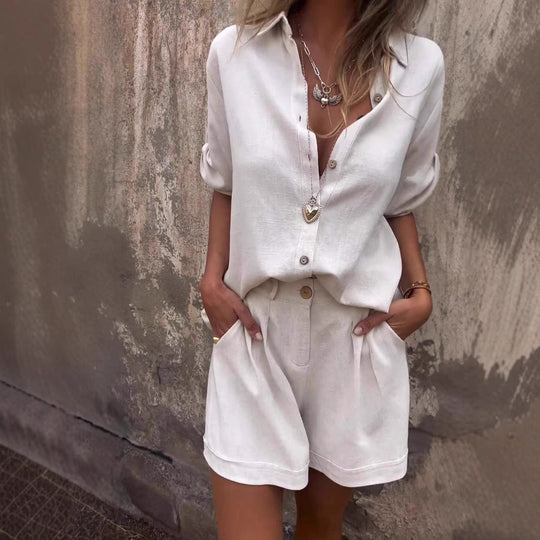 Damen Lässiges Jumpsuit-Set mit knöpfbarem Oberteil und elastischem Taillenzug Shopnory