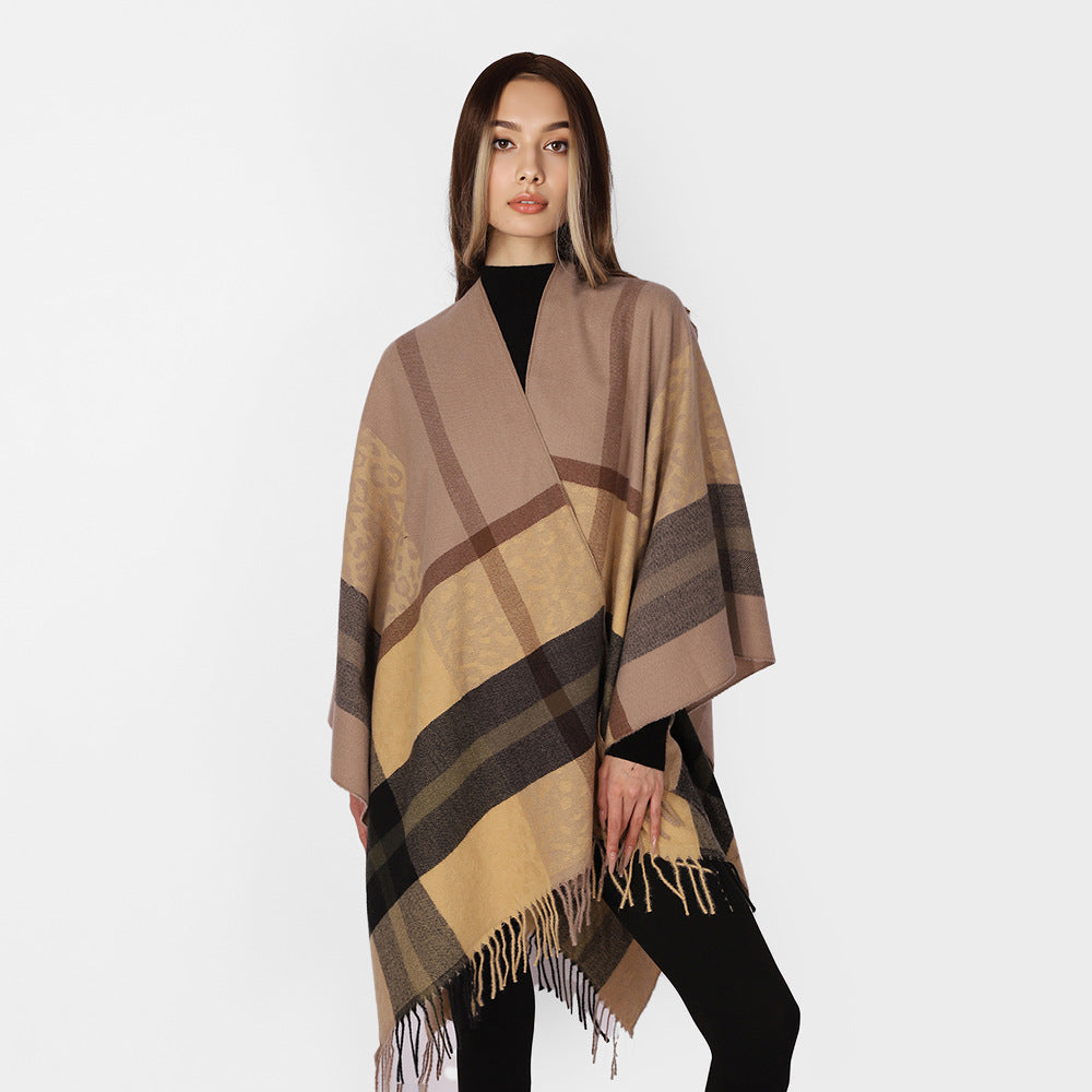 Damen Übergroßer Poncho mit Fransen und Karomuster Shop Nory