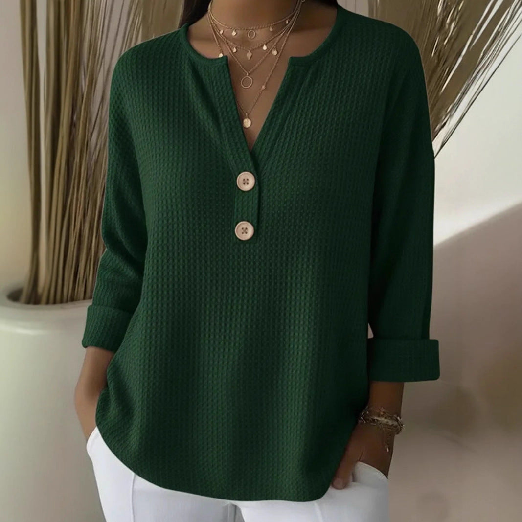 Damen Waffelstrick-Henleyshirt mit Holzknöpfen und krempelbaren Ärmeln Shop Nory