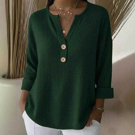 Damen Waffelstrick-Henleyshirt mit Holzknöpfen und krempelbaren Ärmeln Shop Nory